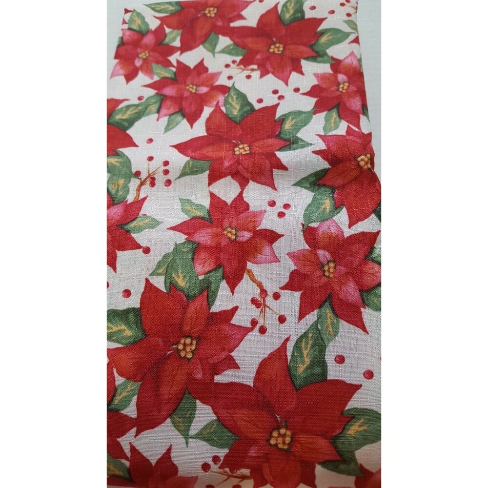 Fabric Tablecloth Red White Christmas Poinsettia Oblong 60x102 Holiday - Picture 2 of 5